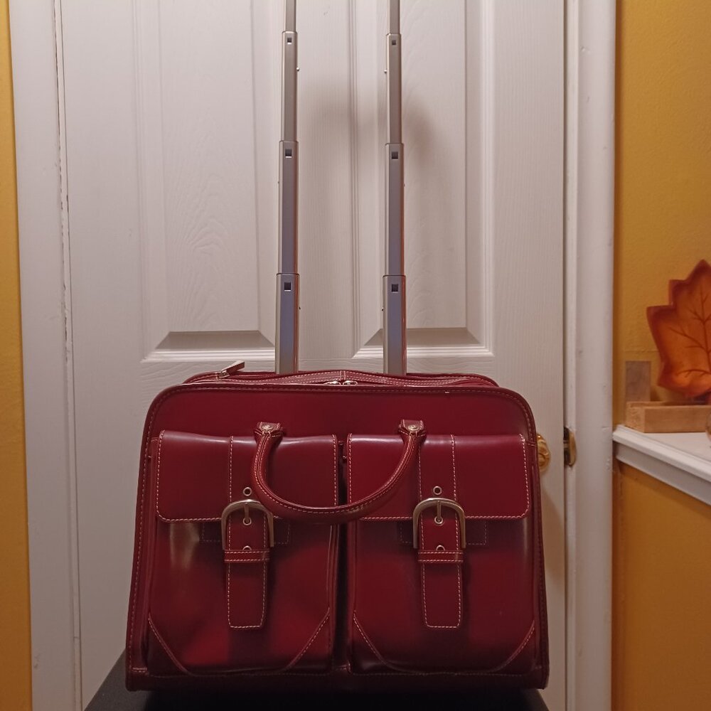 Franklin Covey Red/Burgundy Leather Rolling Luggage/Laptop Bag/Briefcase